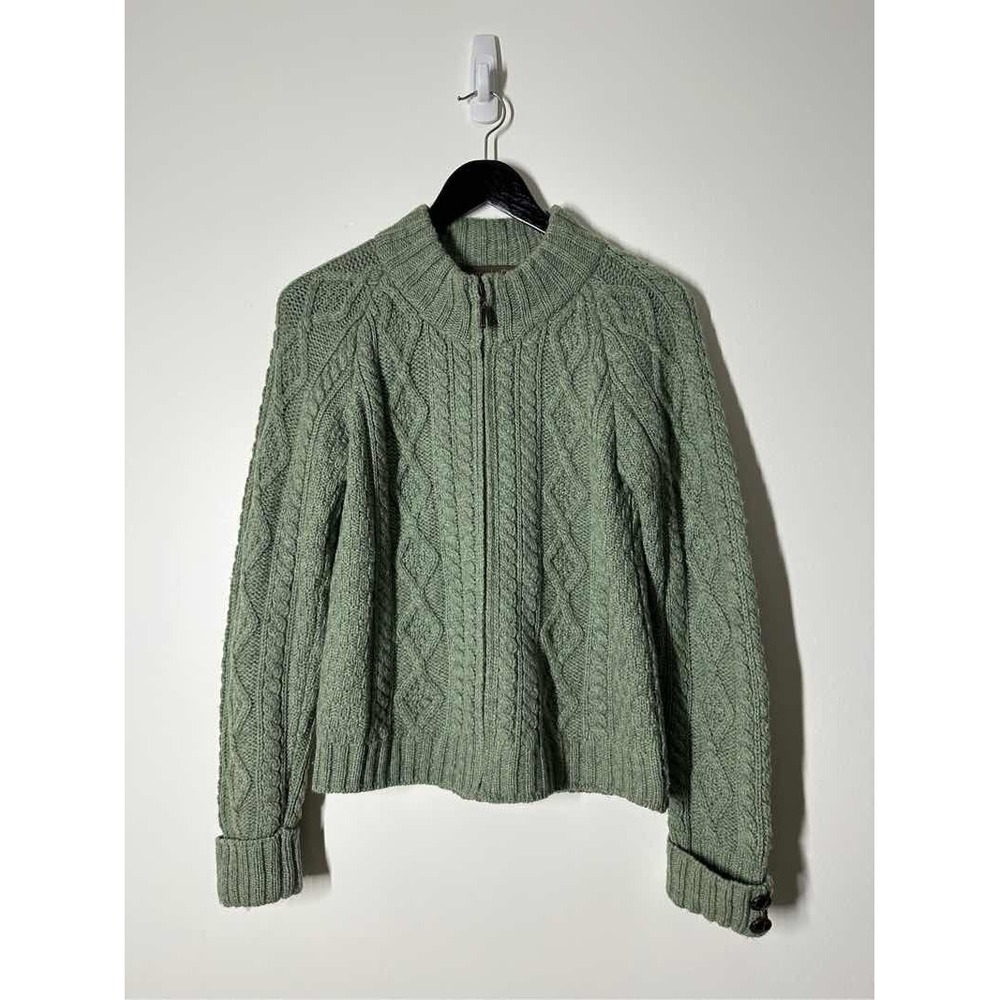 Inis Crafts Green Merino Wool Full Zip Cable Knit Sweater Heritage Fisherman S